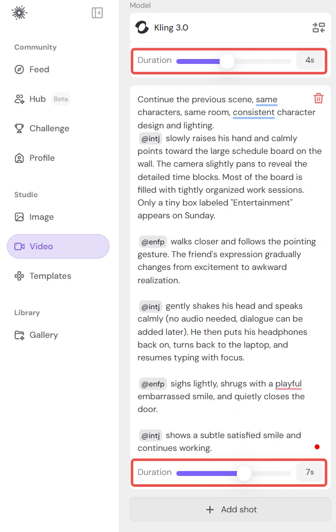duration of each shot