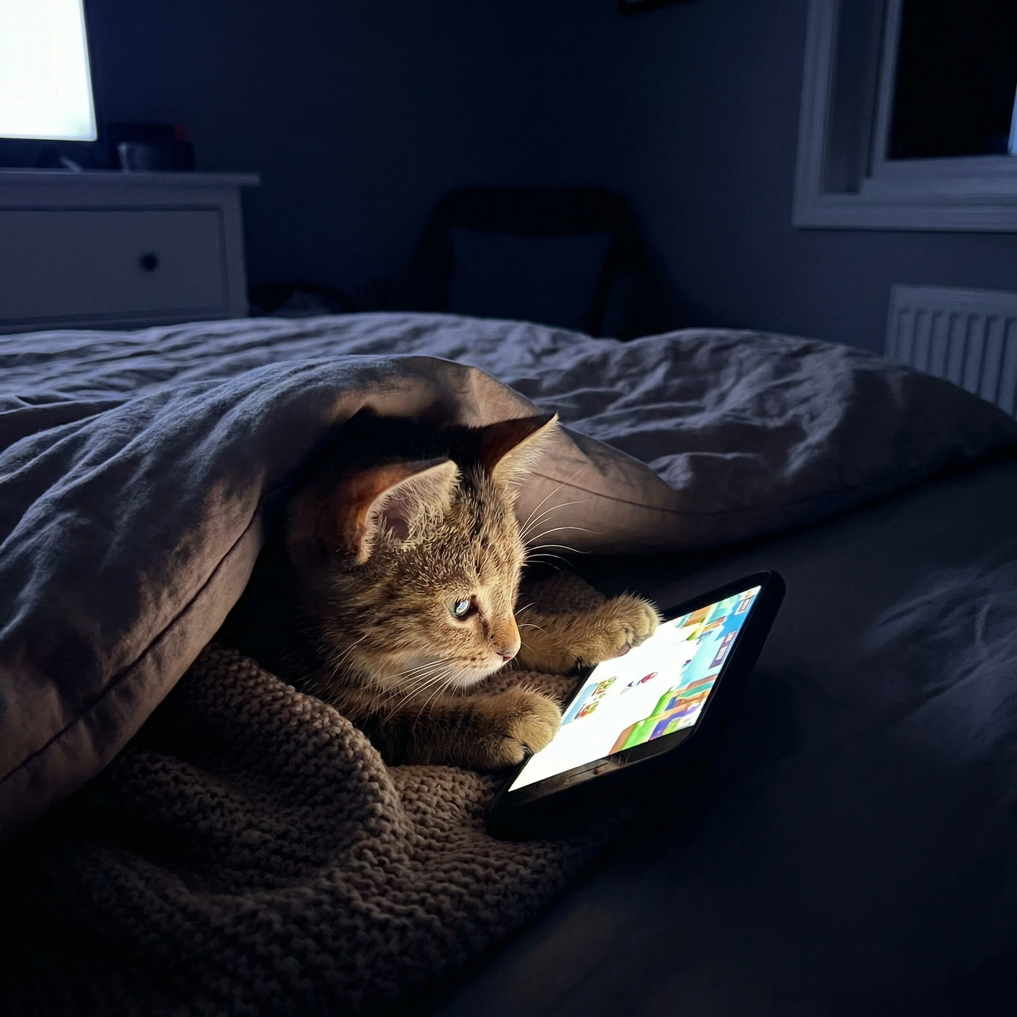 a cute cat is playing with a phone on the bed 1