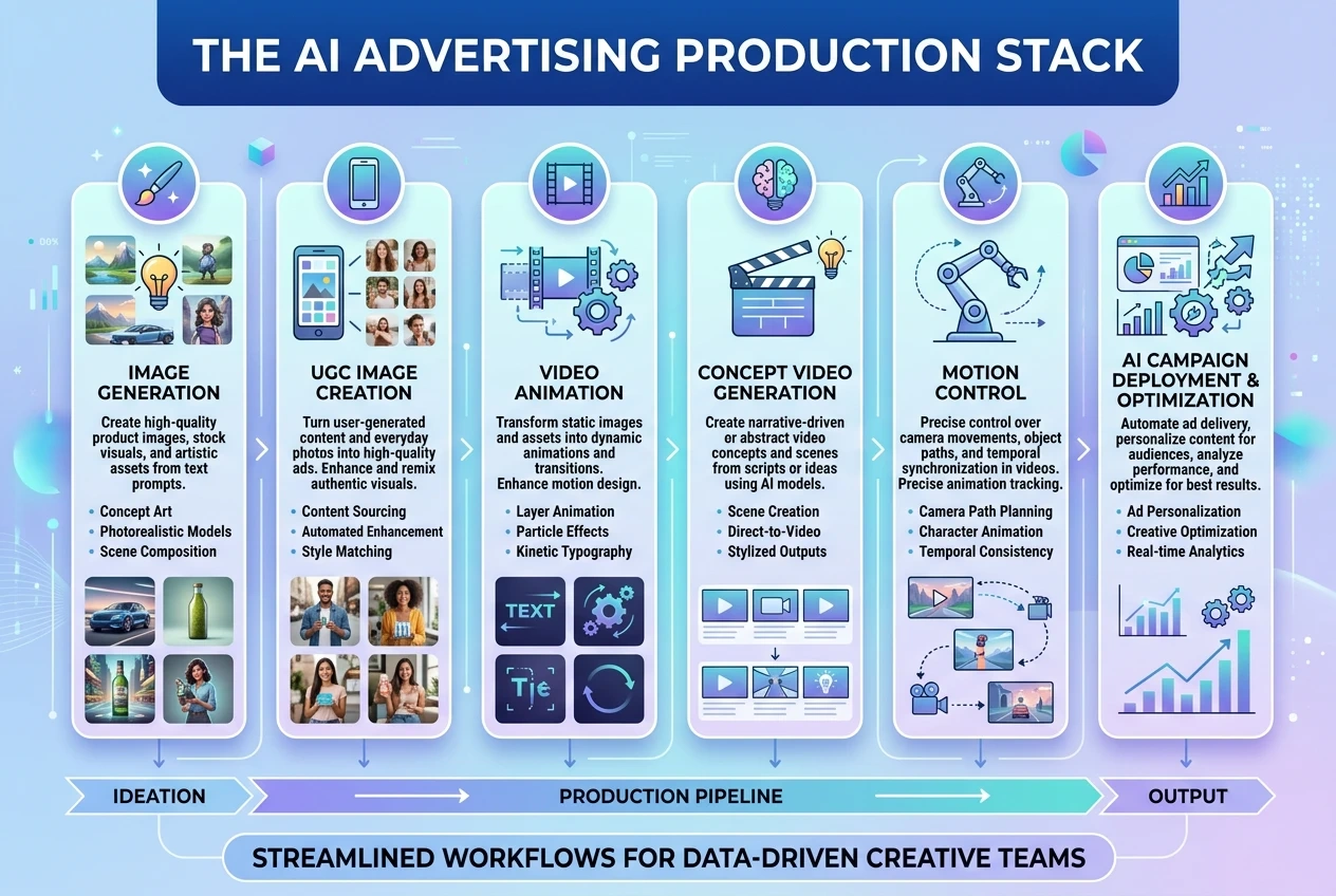 AI advertising production stack combining image generation, video generation, and motion control tools AI advertising production stack combining image generation, video generation, and motion control tools