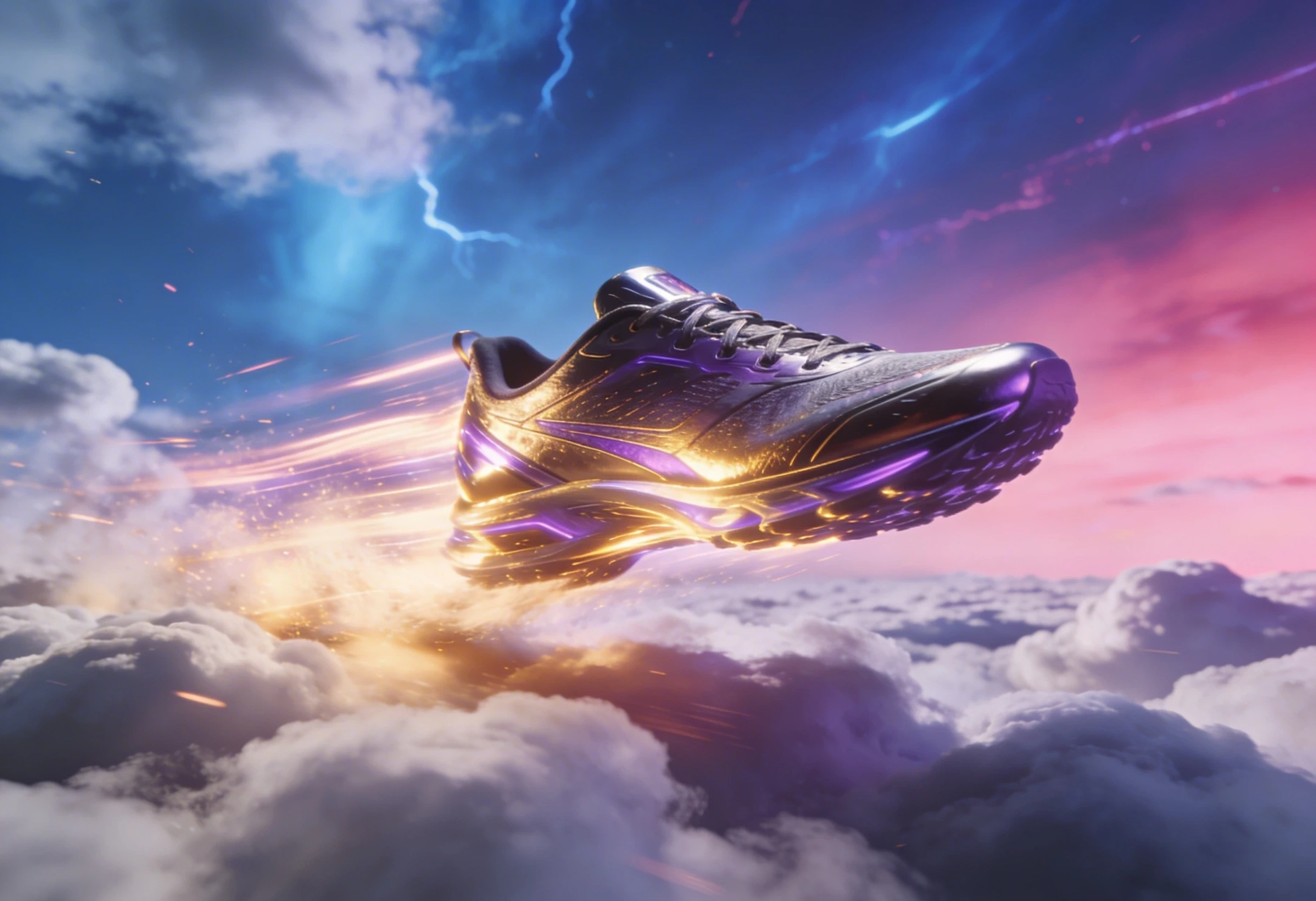 A sneaker running across floating clouds with dynamic motion A sneaker running across floating clouds with dynamic motion