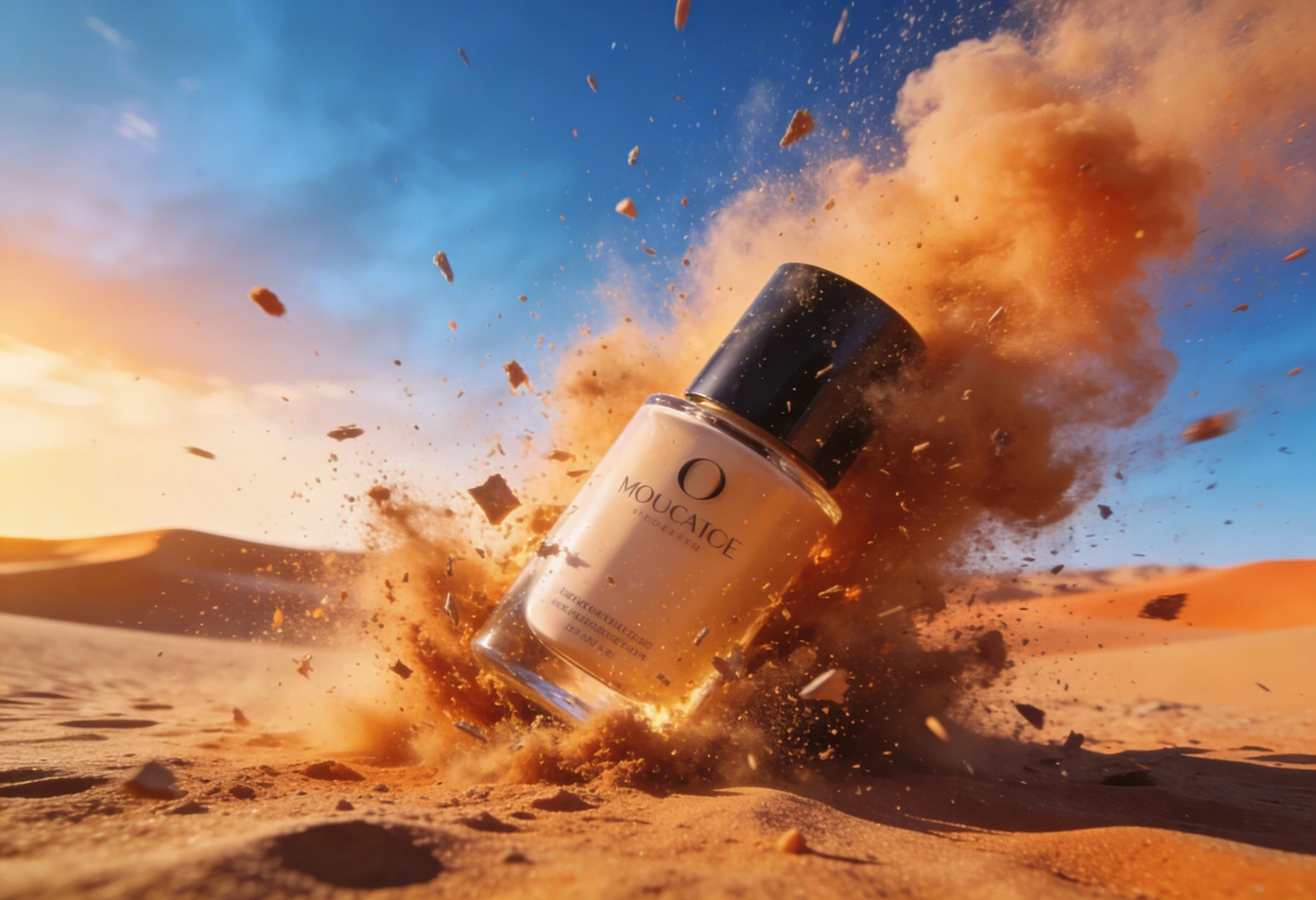 A giant cosmetic bottle crashing into a desert landscape like a meteor A giant cosmetic bottle crashing into a desert landscape like a meteor
