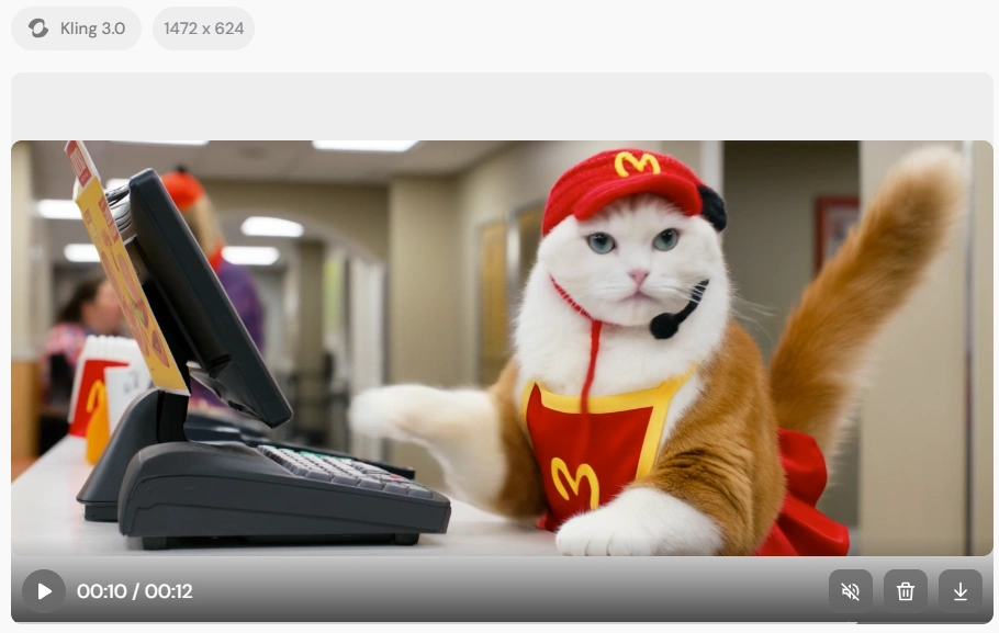 a white-orange cat wearing mcdonald‘s suit working