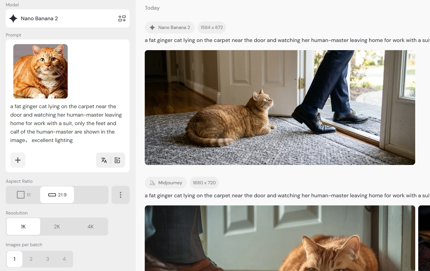 using nano banana 2 and uploaded cat photo generated image showing a cat watching her master leaving home