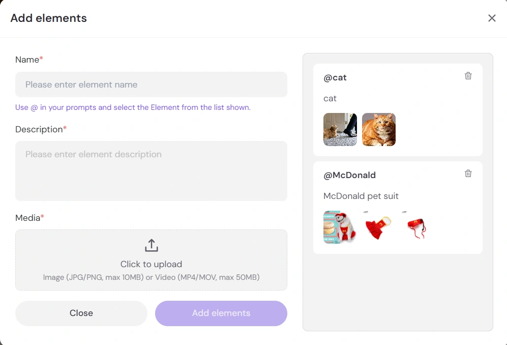 elements for cat and suit shown in the video