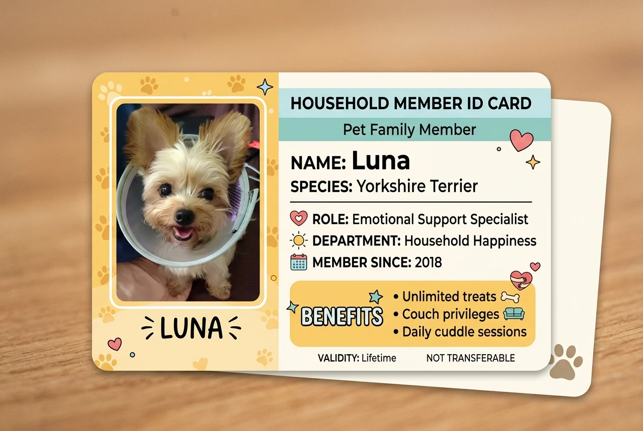 yorkshire terrier family id card with its photo and profile