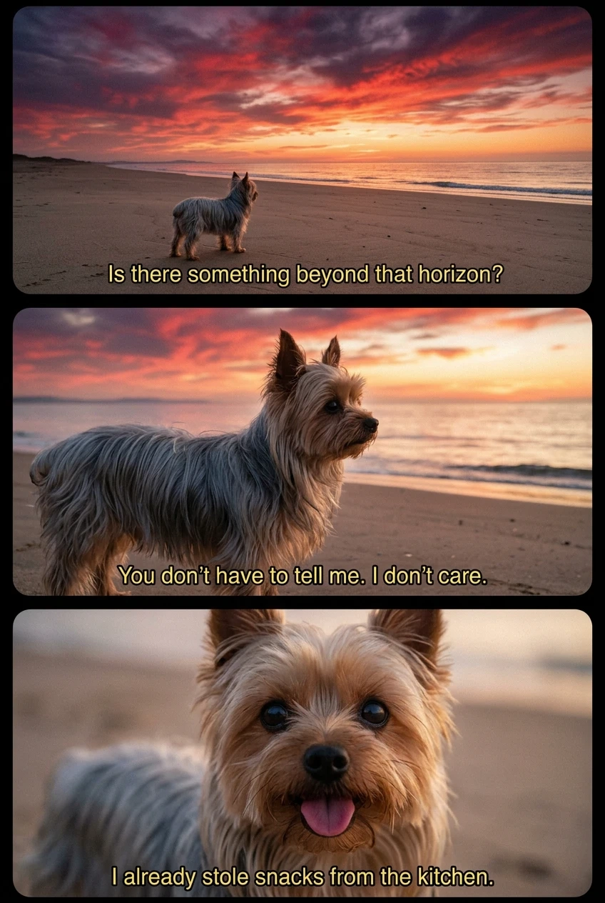 a three-shot image of a dog standing on the beach