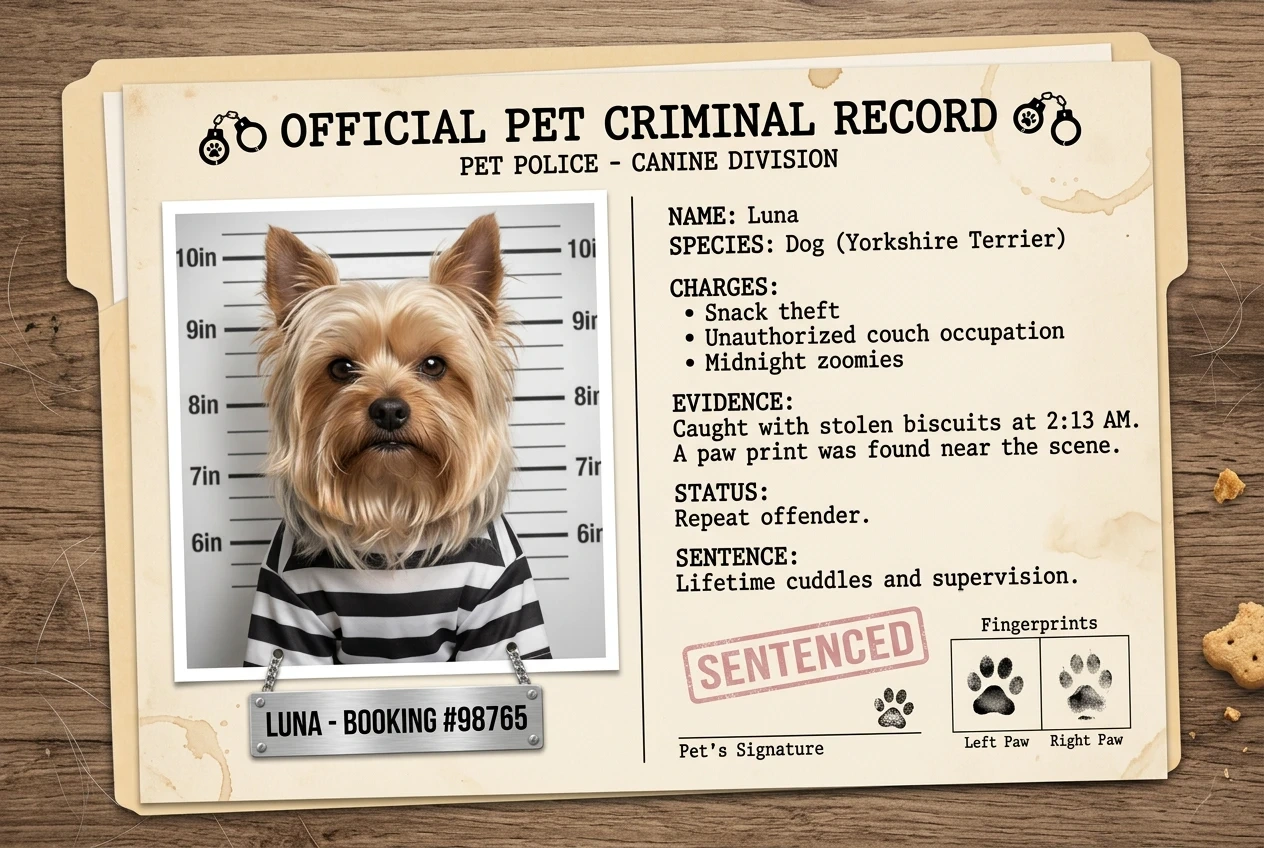 yorkshire terrier criminal record card with its photo and criminal record