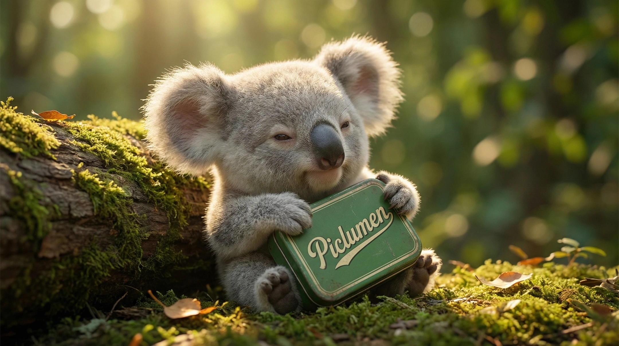 baby koala leaning gently against a tree log