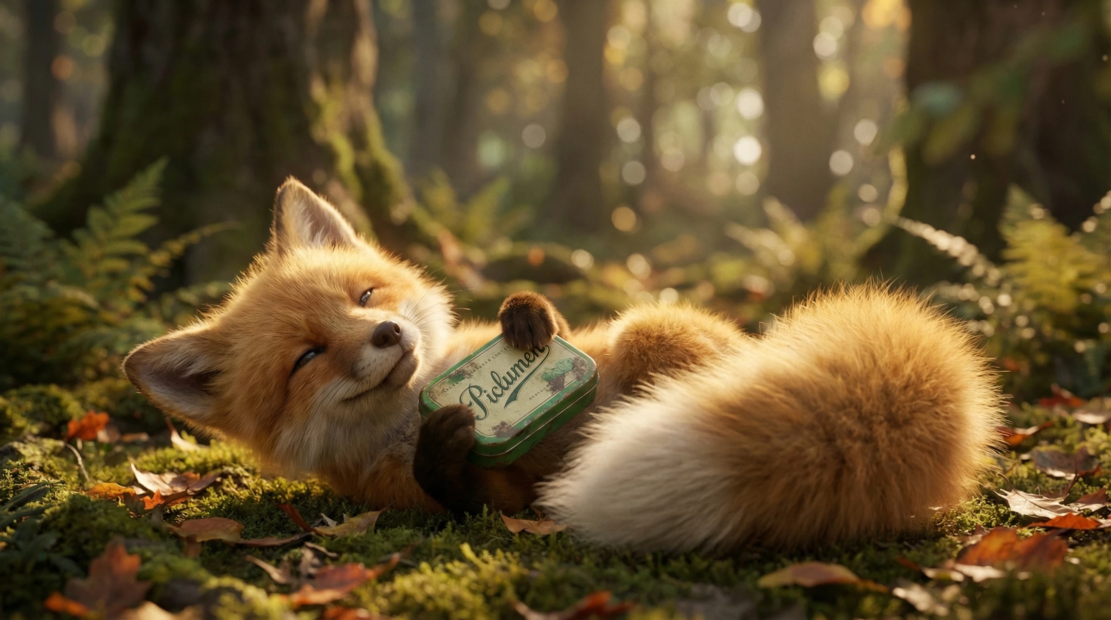 baby fox lying on its back among forest moss and fallen leaves