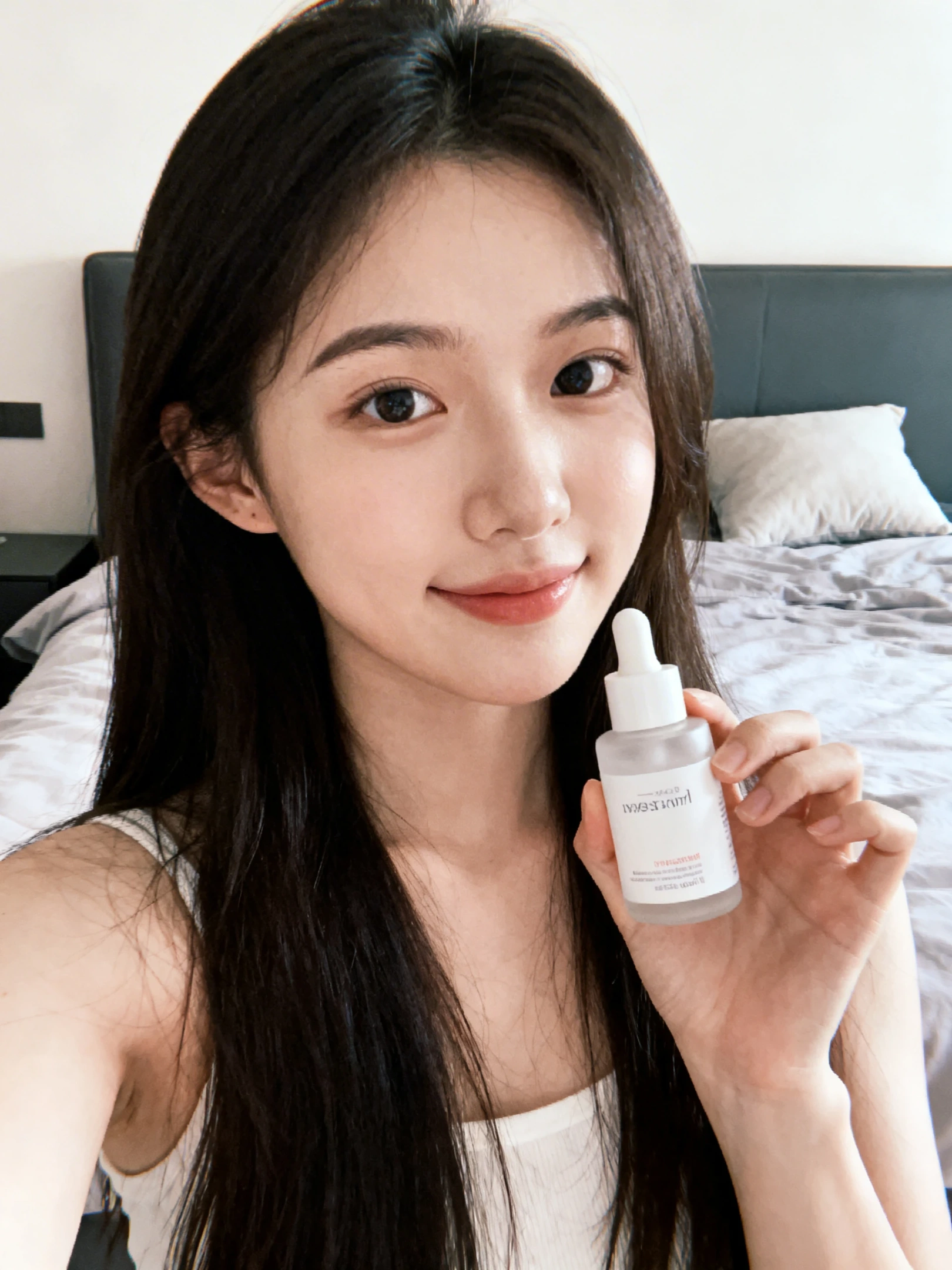 an ai-generated selfie of a woman holding a bottle of skin care essence with weird letters