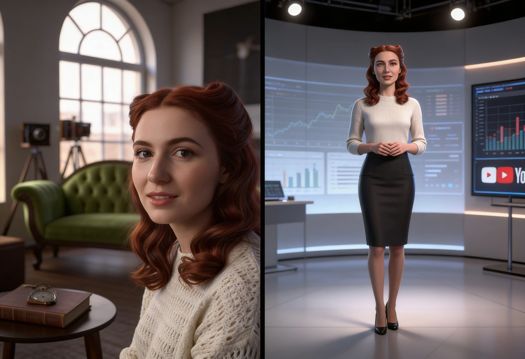Before and after comparison of a real woman and her AI digital twin presenter