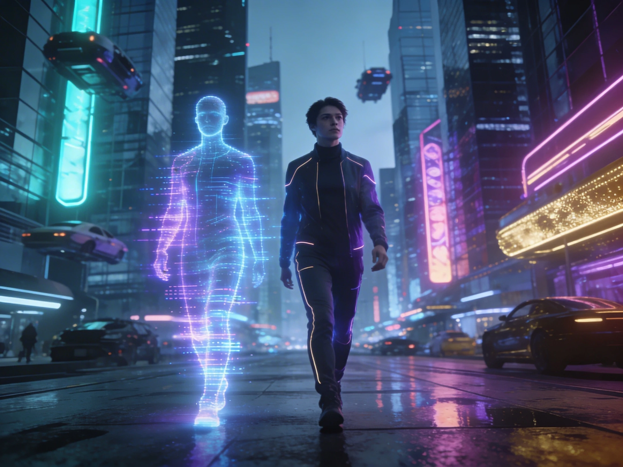 Person walking beside a holographic AI digital twin representing future digital identity