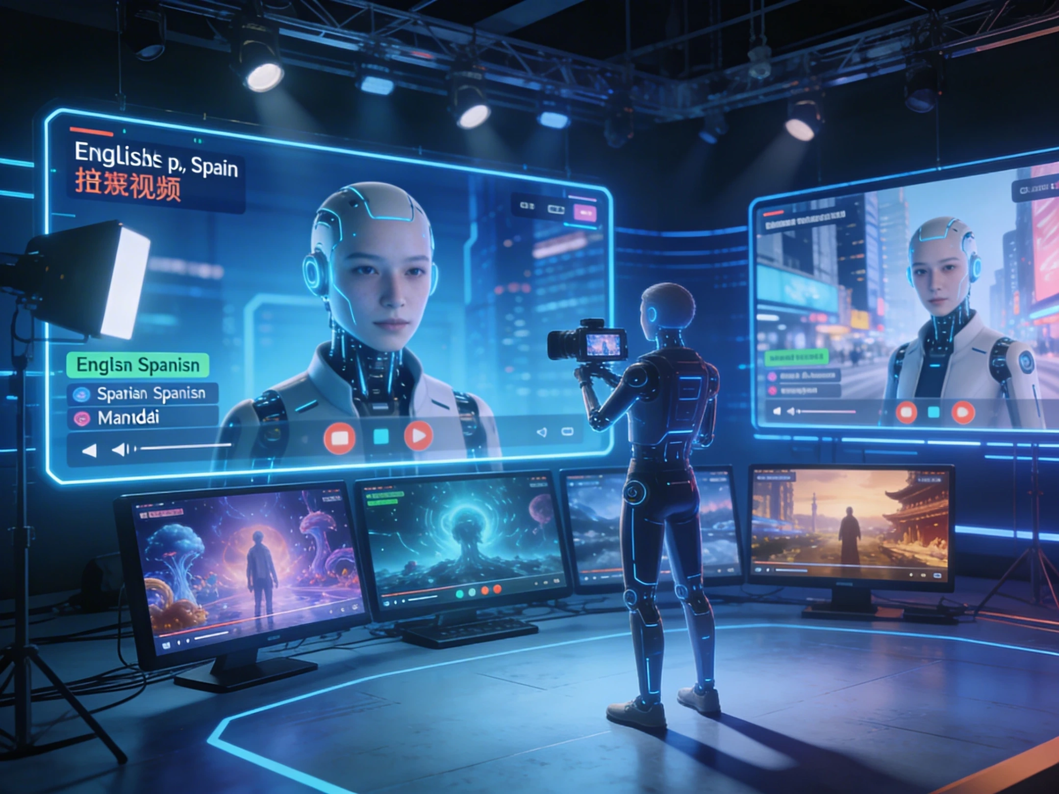 AI avatar creating multilingual videos in a futuristic content creator studio