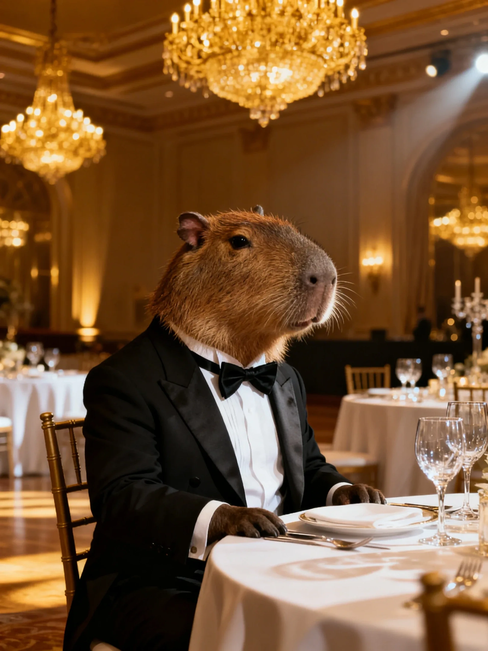 a capybara dressed in a black tailcoat and bow tie sits at a white dining table in a luxurious restaurant