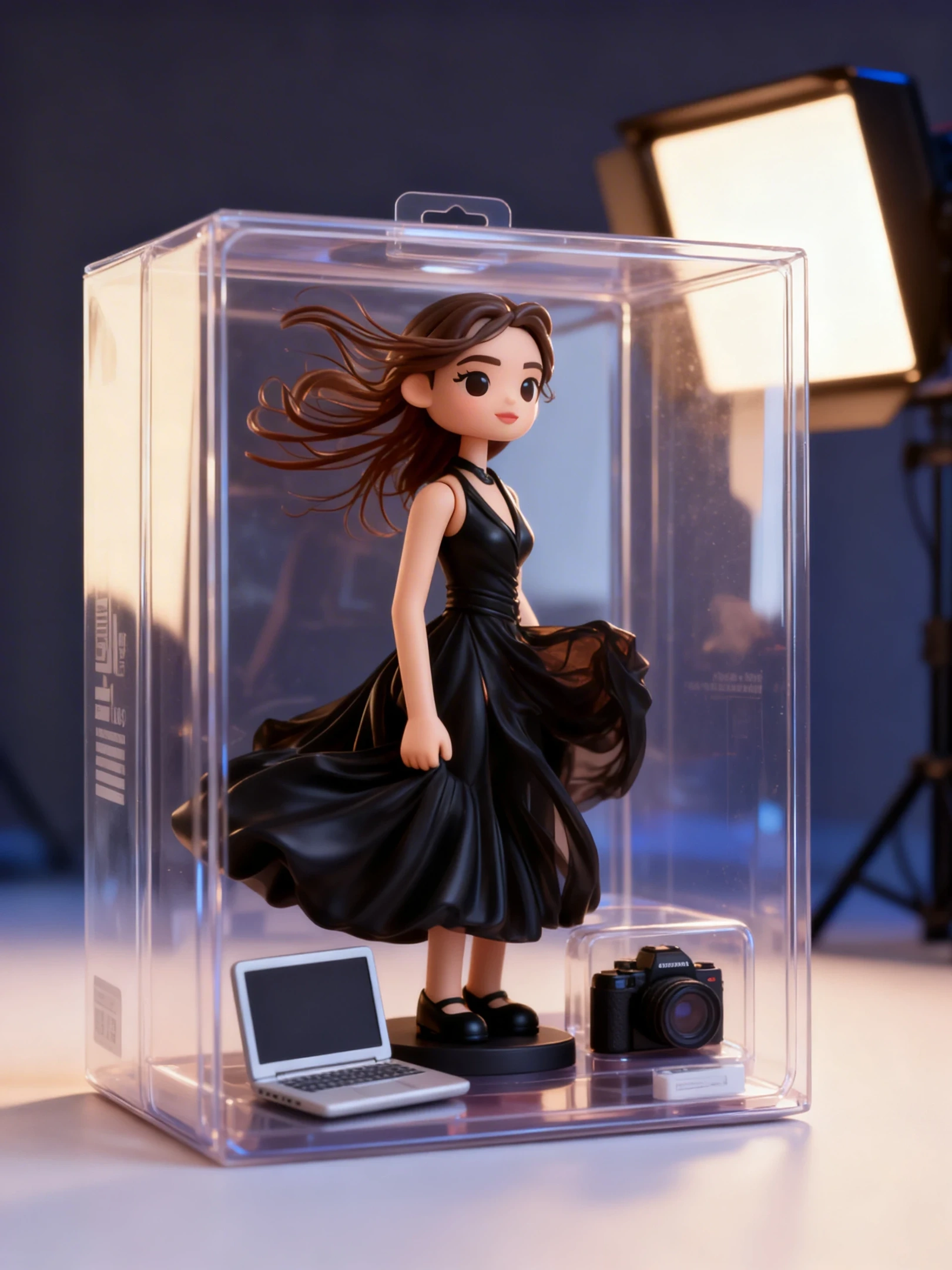 a cartoon-style female figurine dressed in a black formal gown, displayed in a transparent showcase box