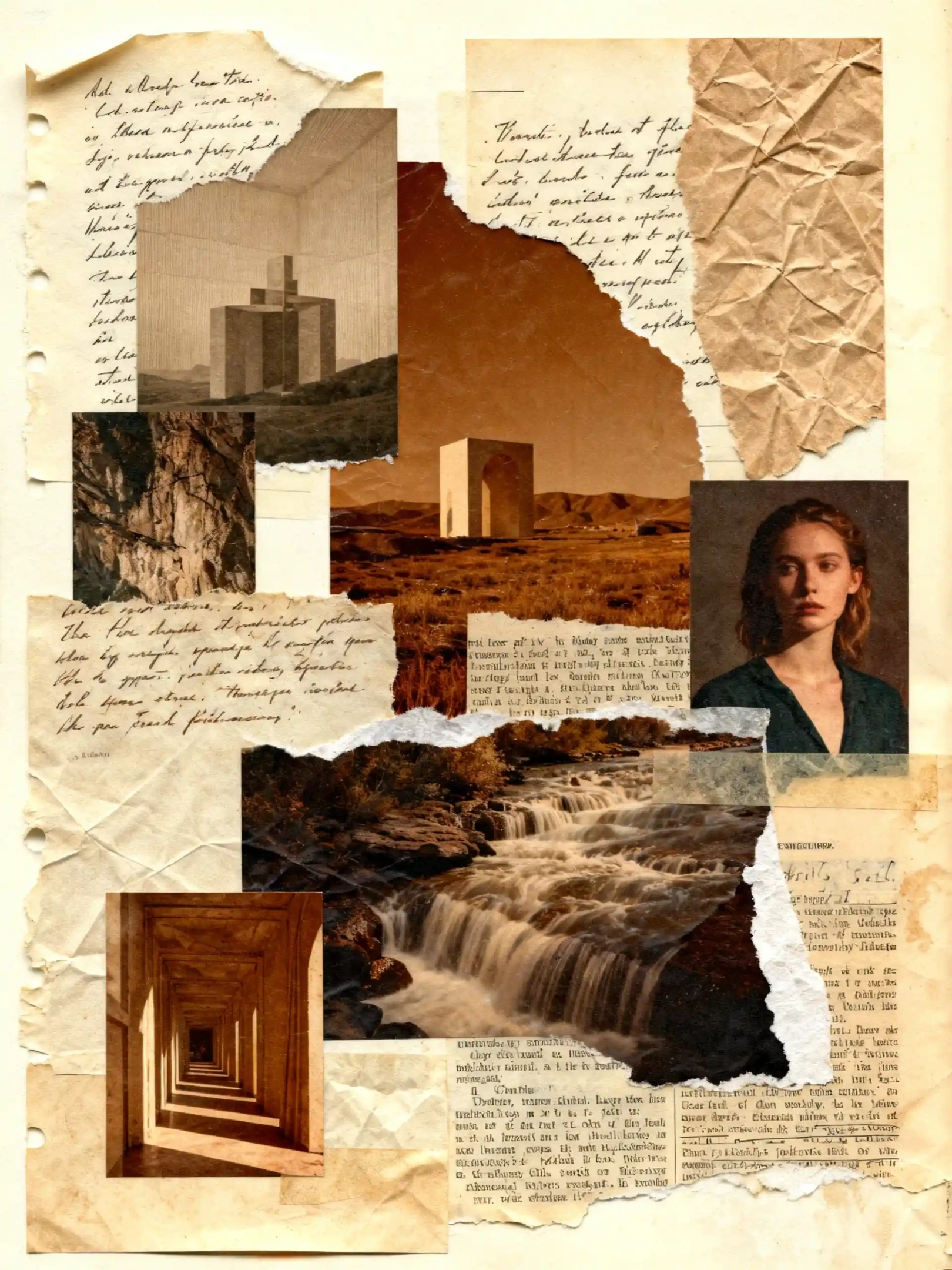 a vintage collage artwork featuring handwritten letters, architectural photographs, waterfall landscapes, portraits, and an infinity mirror gallery