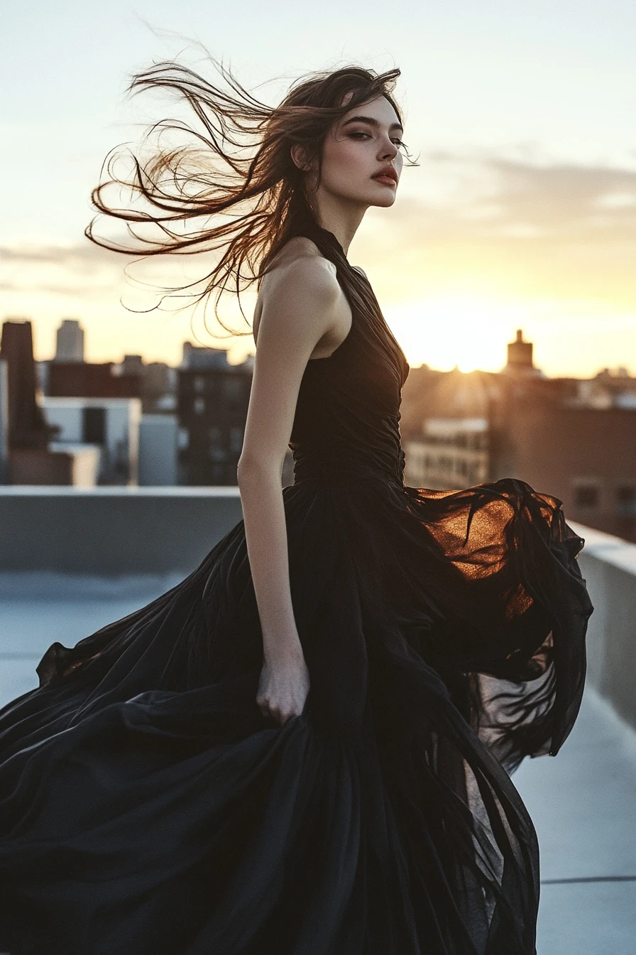 a portrait of woman standing on the roof of a building with black dress