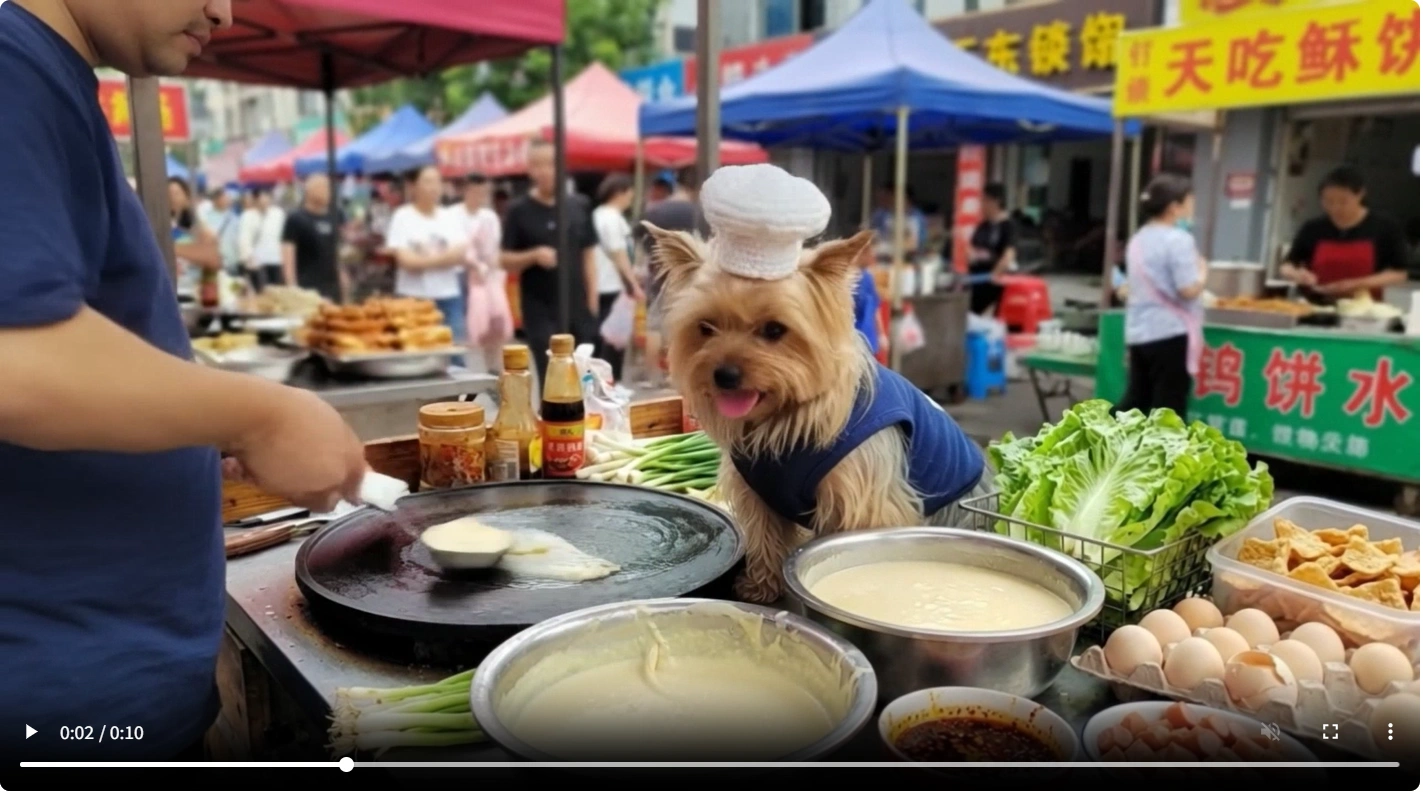 a yorshire terrier sitting on the chinese pancake stall and a man cooking a pancake