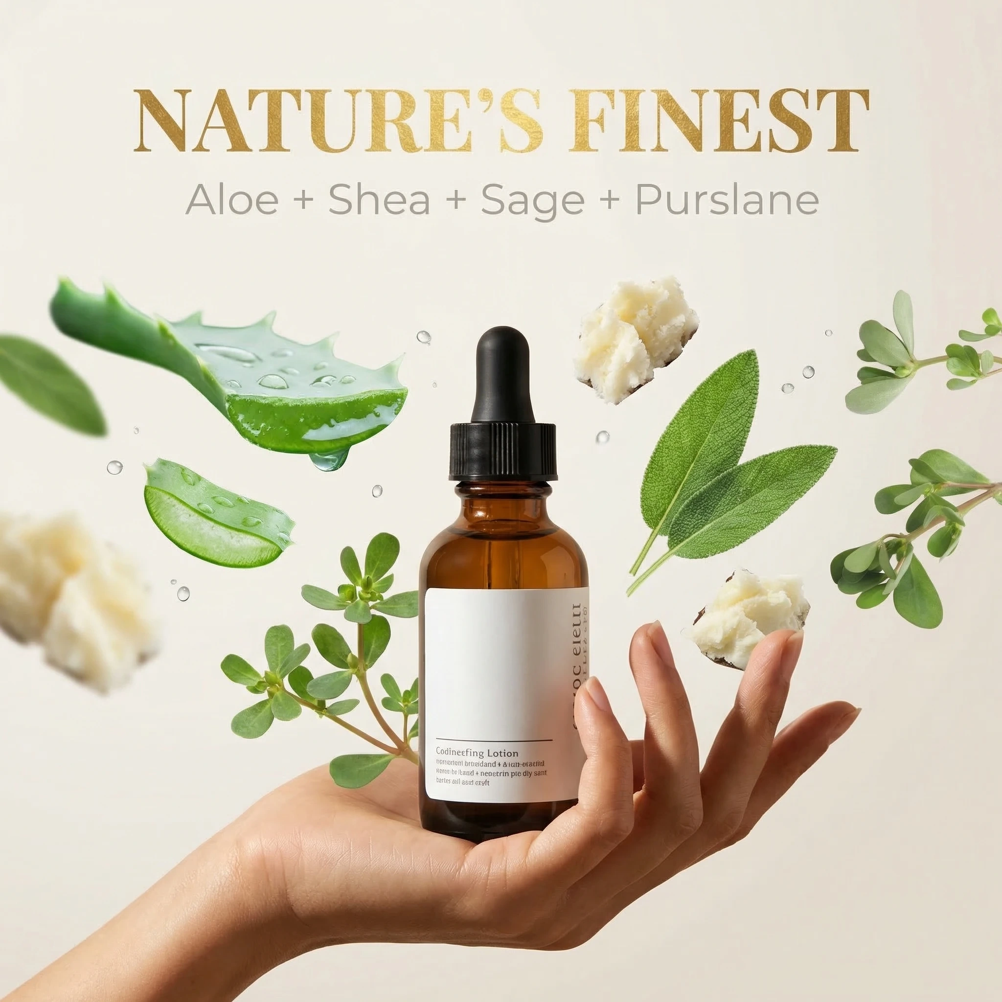 ai generated product post of a bottle of skincare serum on a hand surranded by plant-based ingredients