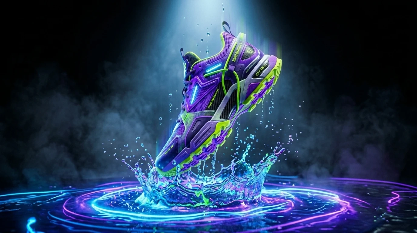 A futuristic purple and lime green sneaker splashing into glowing blue neon water.