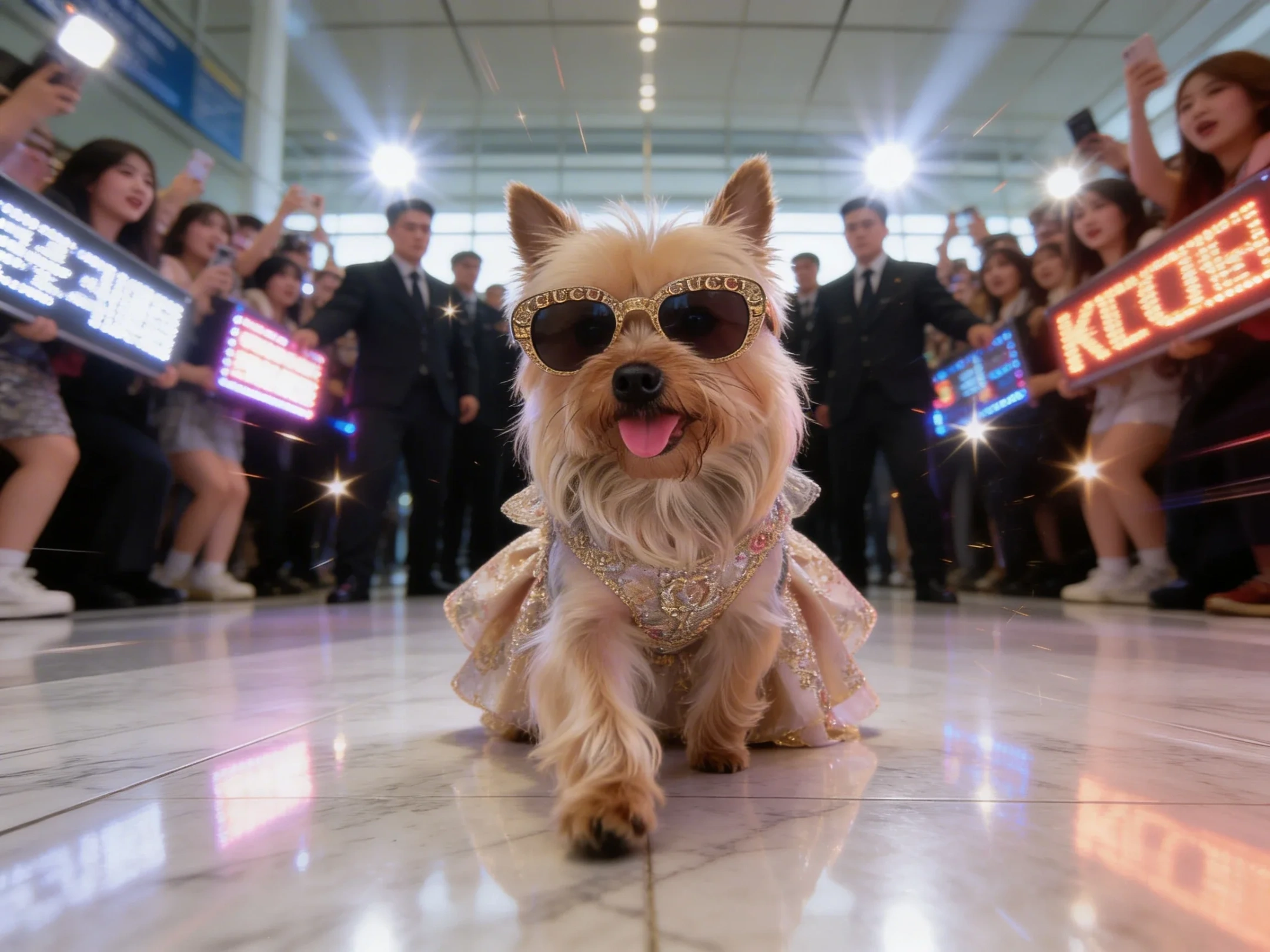 a dog wearing gorgeous dog dresses with sunglasses surranded by fans