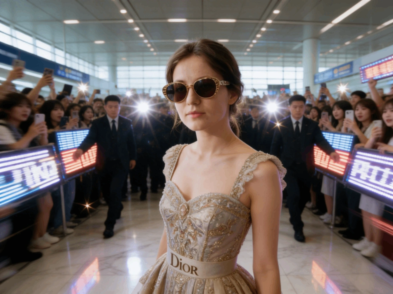 a woman wearing a dior dress with sunglasses surranded by fans