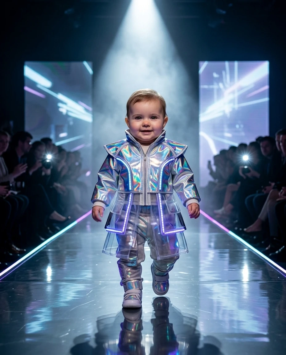 A baby model walking down a futuristic cyberpunk runway wearing a holographic, iridescent jacket A baby model walking down a futuristic cyberpunk runway wearing a holographic, iridescent jacket