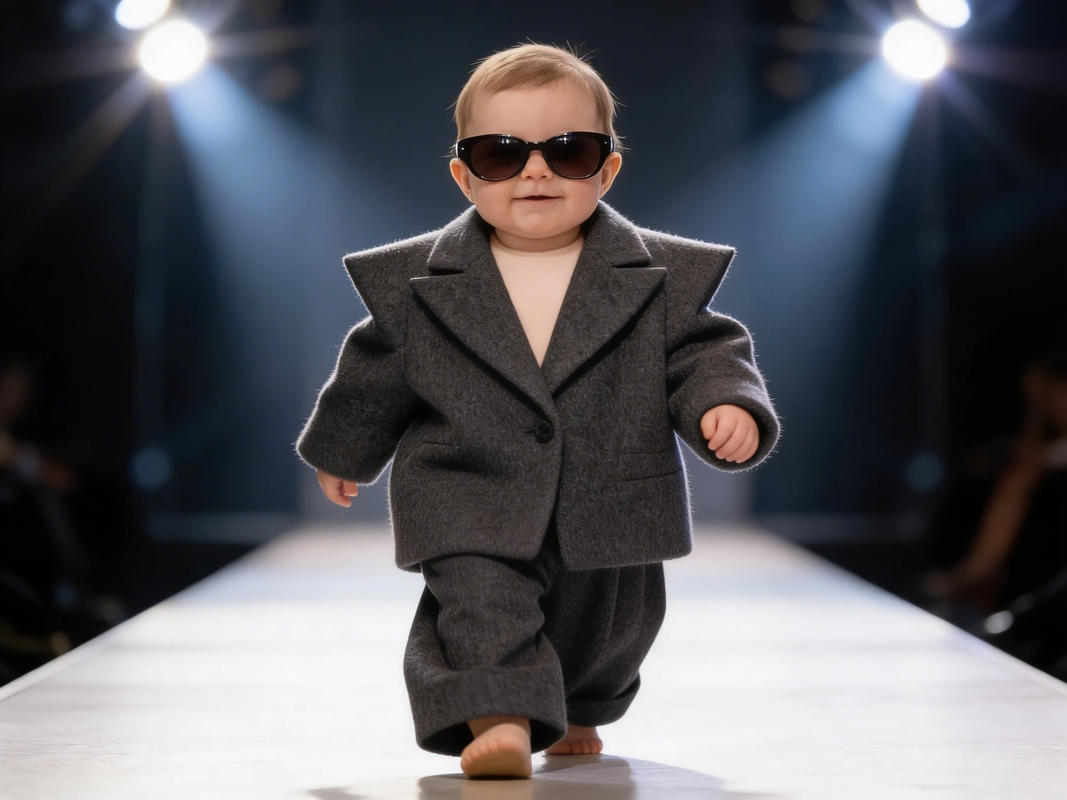 A humorous high-fashion parody featuring a baby walking down a runway in an extremely oversized, structured charcoal wool blazer A humorous high-fashion parody featuring a baby walking down a runway in an extremely oversized, structured charcoal wool blazer