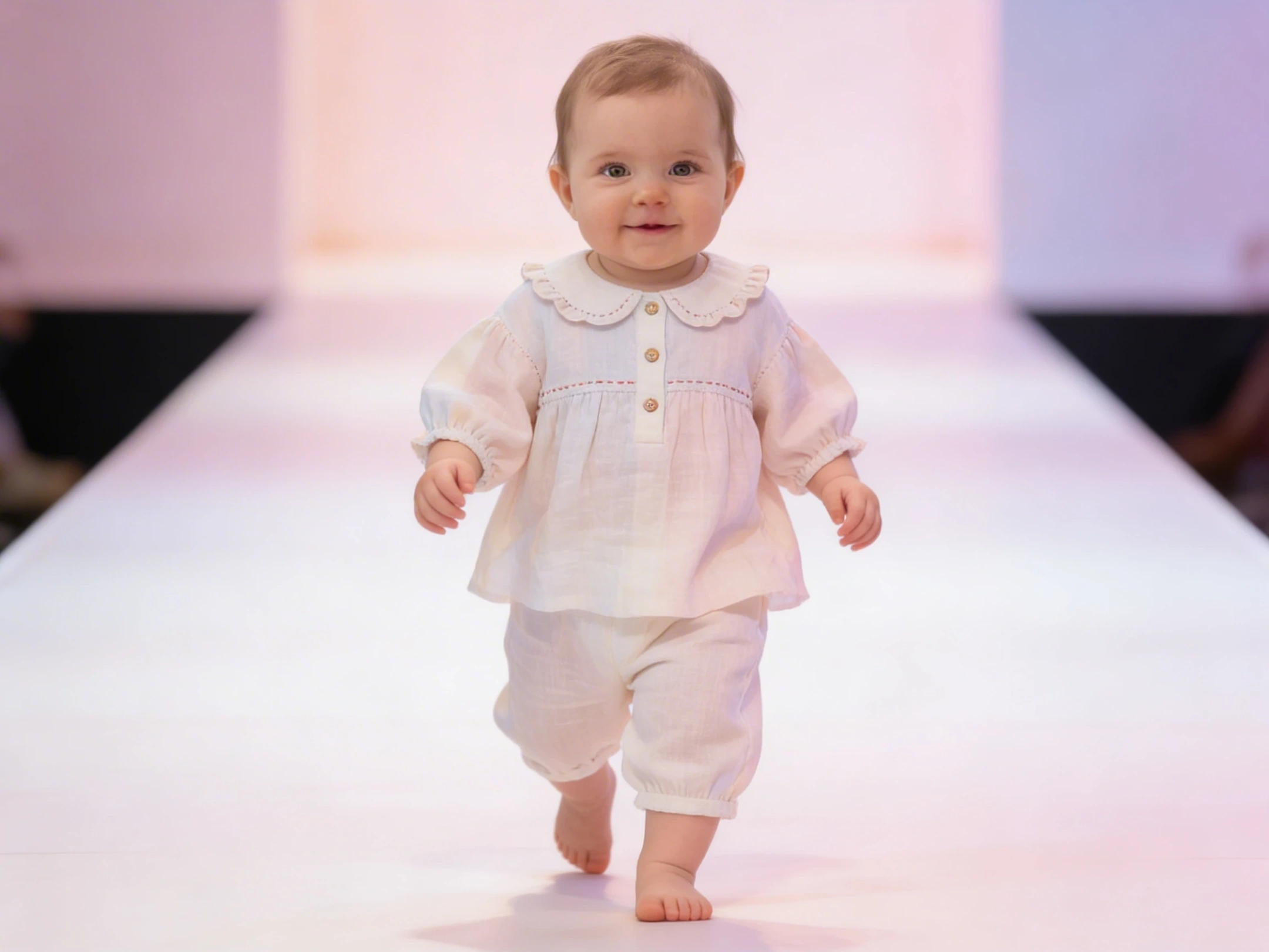 cheerful baby walking on a bright pastel-colored fashion runway, wearing a soft cream-colored cotton and linen outfit cheerful baby walking on a bright pastel-colored fashion runway, wearing a soft cream-colored cotton and linen outfit