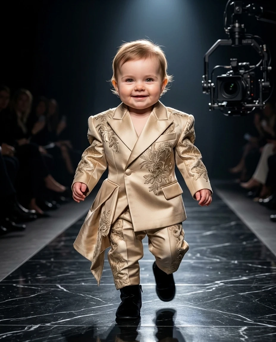 A baby walking confidently on a black marble runway wearing an oversized, avant-garde champagne gold designer suit A baby walking confidently on a black marble runway wearing an oversized, avant-garde champagne gold designer suit