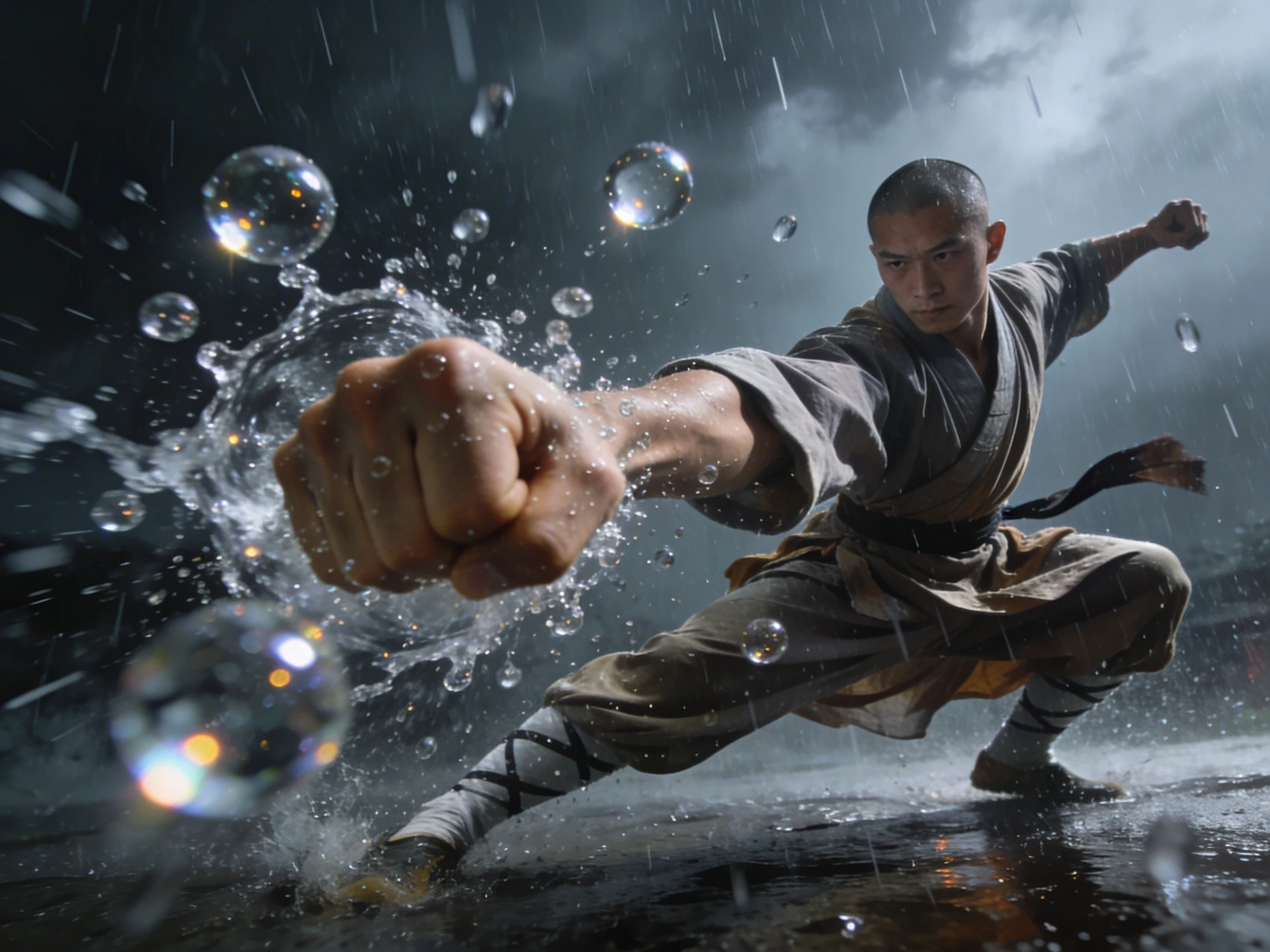 A powerful action shot of a Shaolin monk in a mid-punch stance during a rainstorm