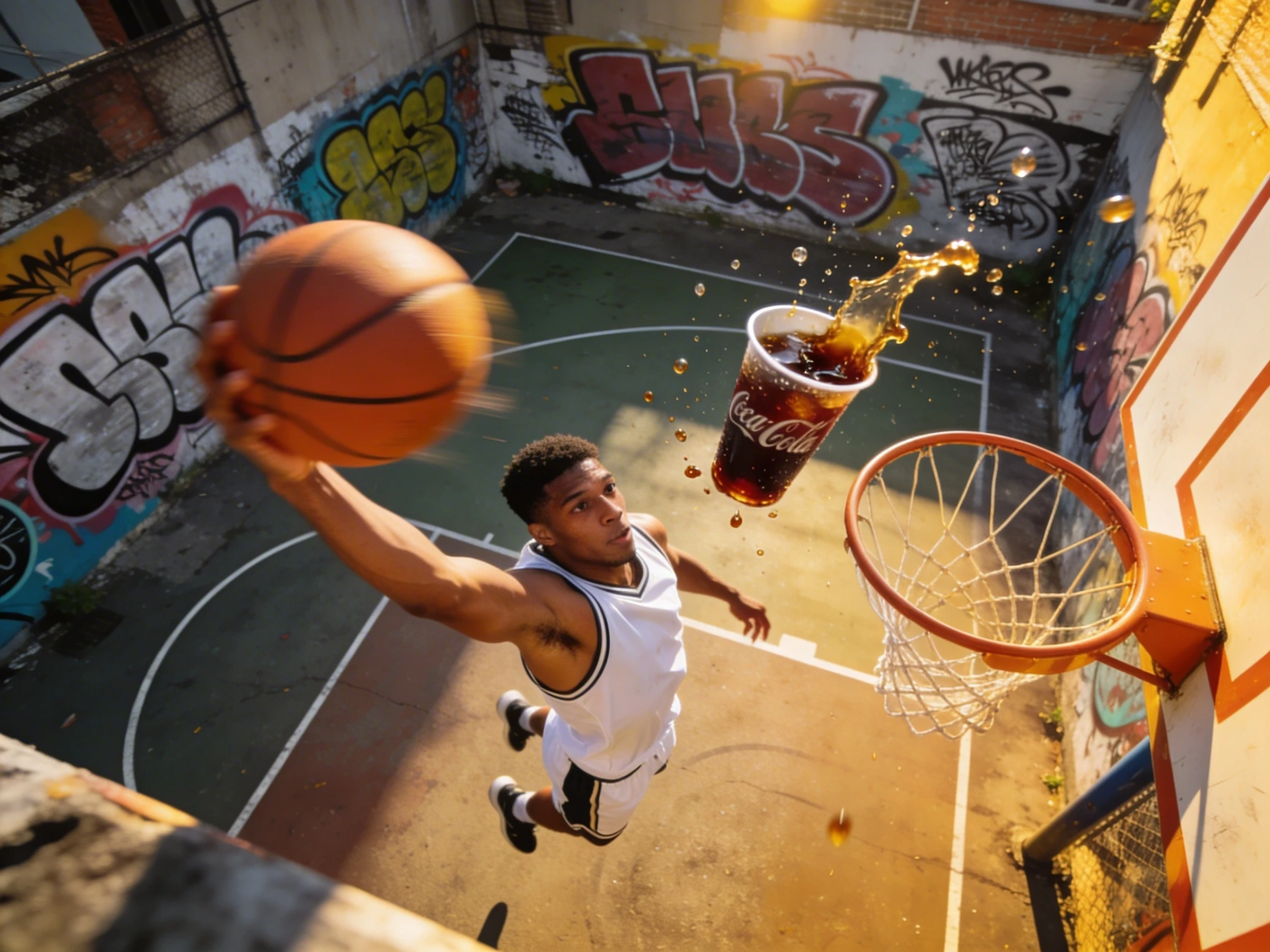 A high-angle, birds-eye view of a basketball player performing a slam dunk on an outdoor urban court covered in colorful graffiti
