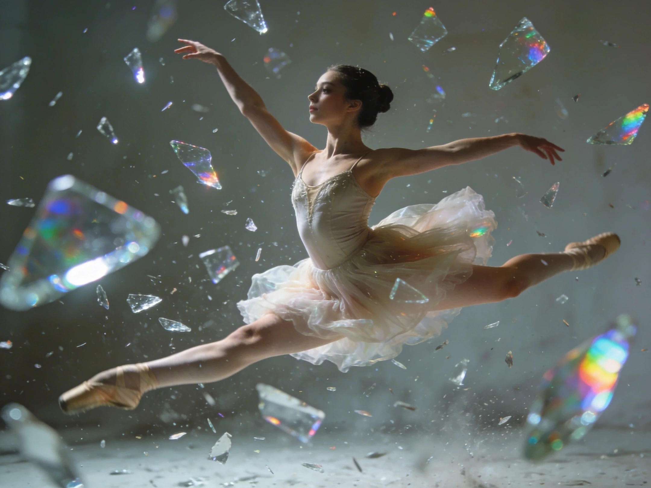 A graceful ballerina captured in a grand jeté (leap) mid-air