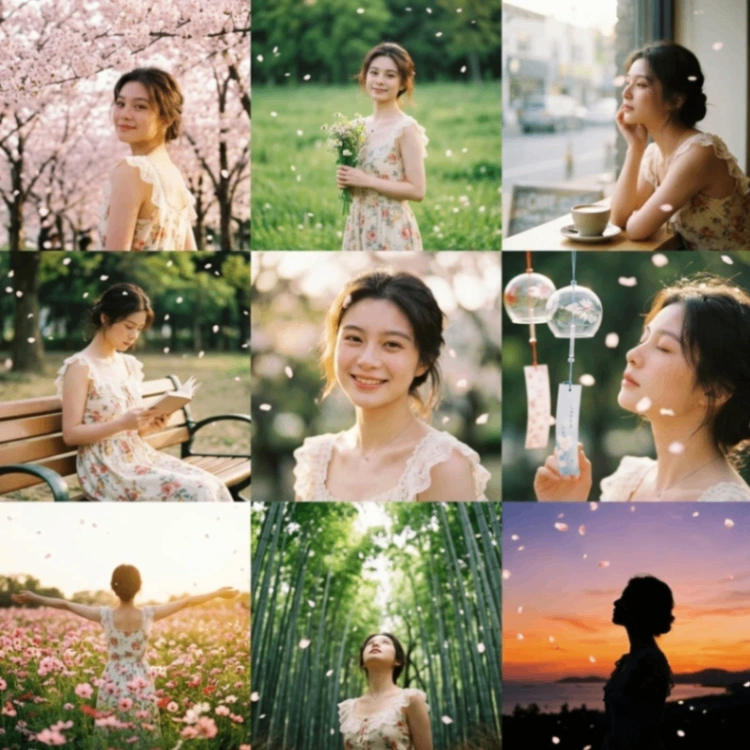 3x3 grid of cinematic photos featuring the same young woman in a floral lace dress, capturing the essence of spring