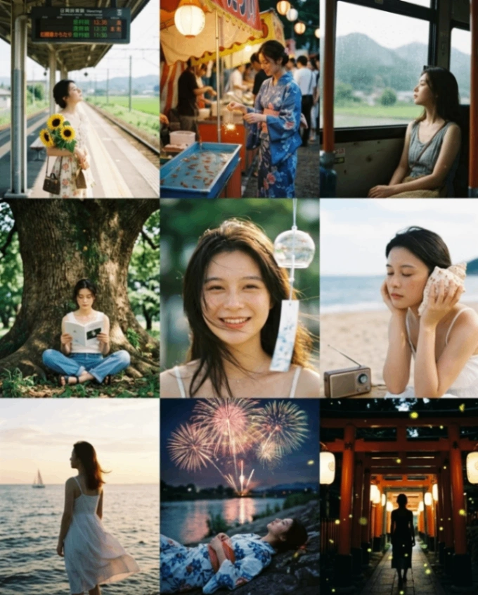 3x3 grid depicting classic summer scenes