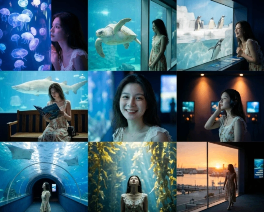 3x3 grid of images showing a woman in a white lace dress exploring an aquarium