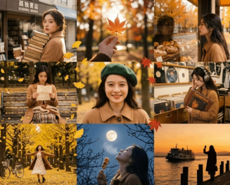 3x3 grid themed around autumn and literature