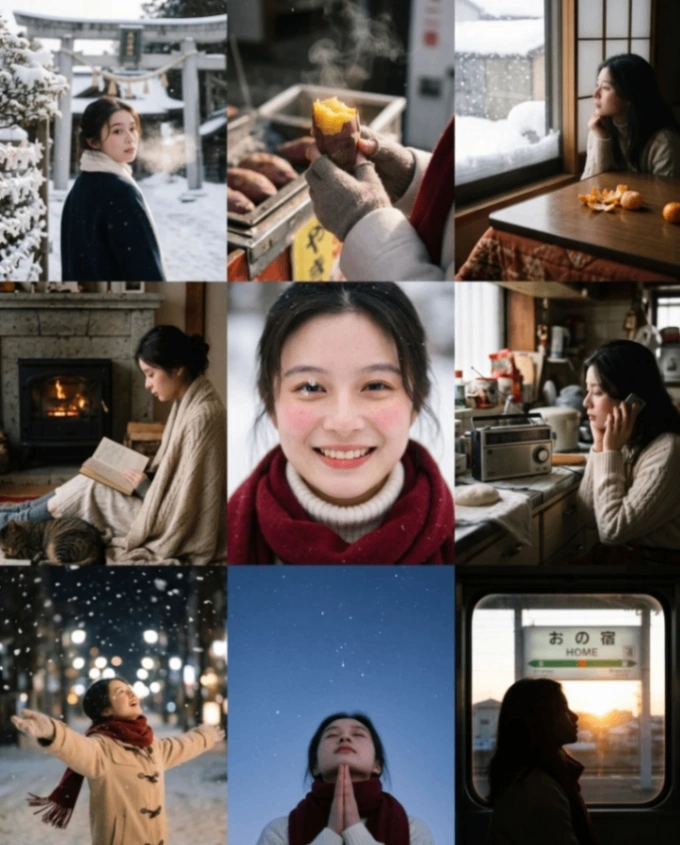 3x3 grid capturing cozy winter moments in a Japanese-inspired setting