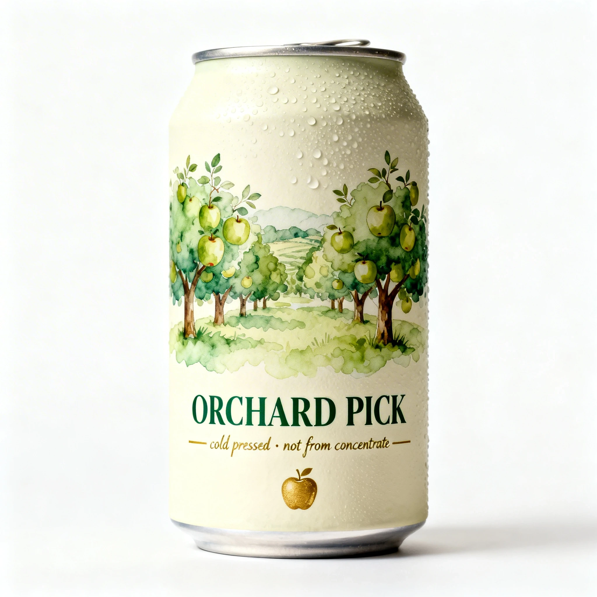 Apple juice can with handdrawn orchard illustration
