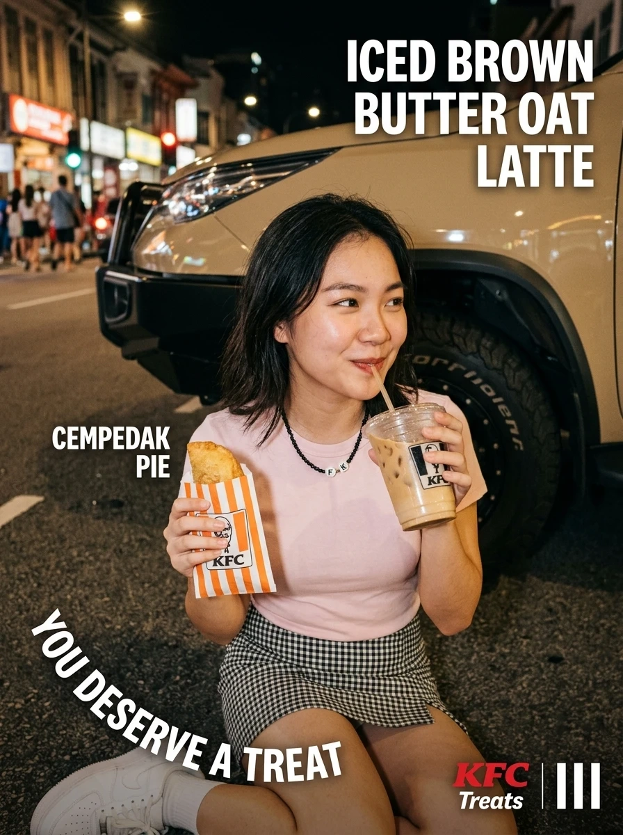 first version poster for KFC snacks of a girl sitting on the ground