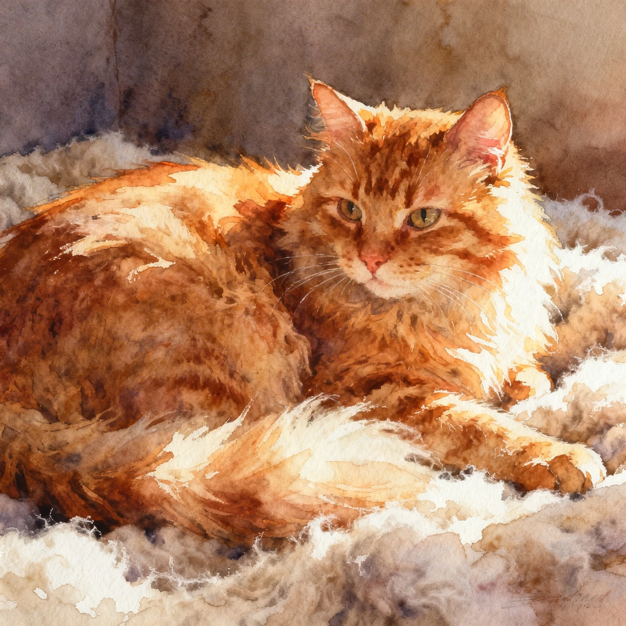 a fluffy orange cat in watercolor painting style