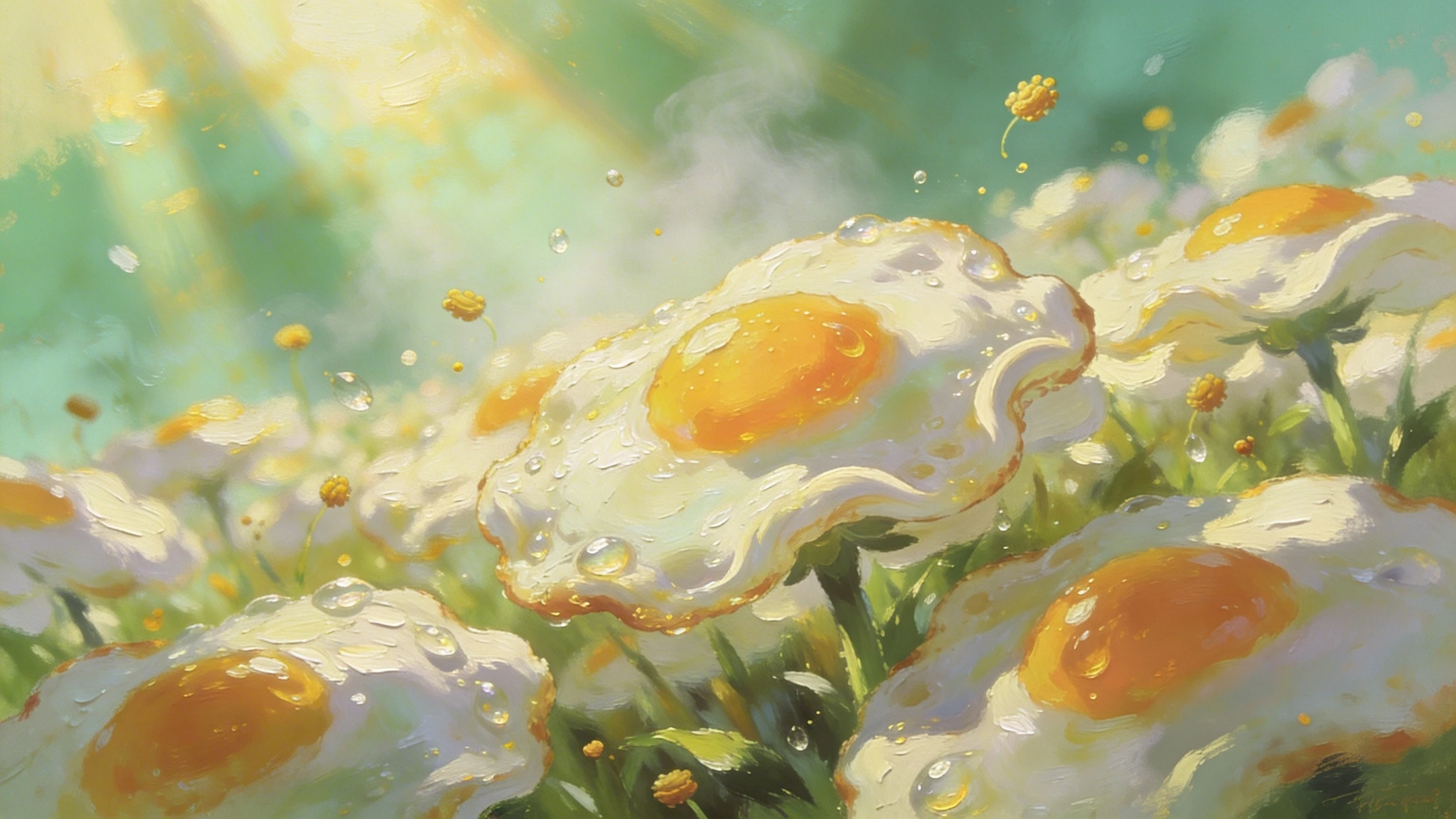 oil painting-style illustration depicting a whimsical field where blooming flowers have been replaced by sunny-side-up fried eggs oil painting-style illustration depicting a whimsical field where blooming flowers have been replaced by sunny-side-up fried eggs