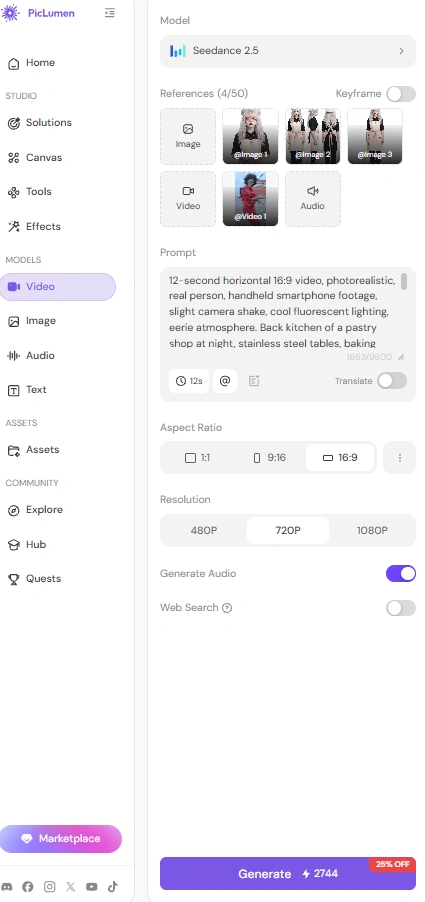 PicLumen video generator interface with Seedance 2.5 selected PicLumen video generator interface with Seedance 2.5 selected