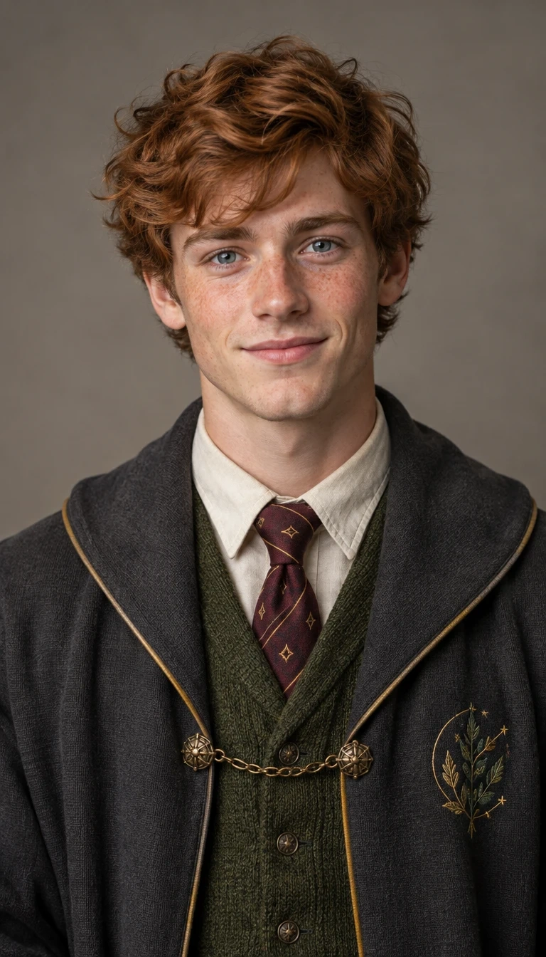 Portrait of a young male wizard student with tousled red hair in a school uniform.