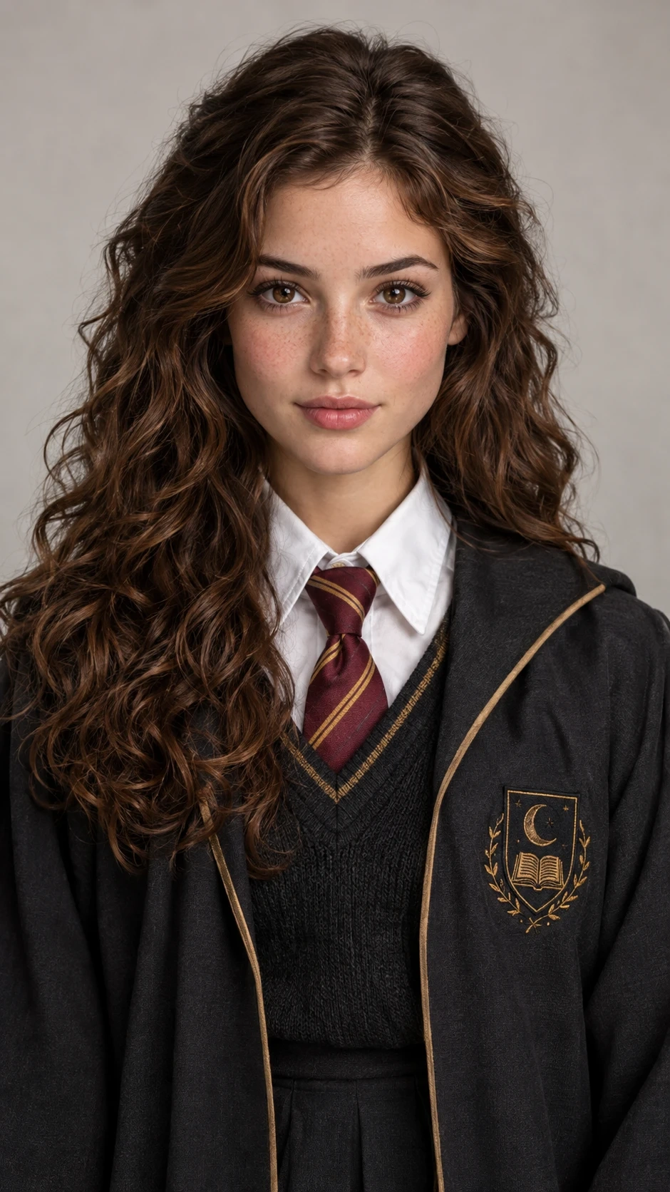 Portrait of a young female wizard student with long curly brown hair and freckles.