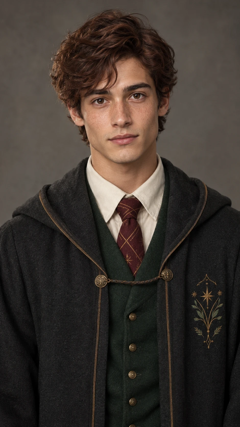 Photorealistic portrait of a young male wizard student with messy dark hair and glasses.