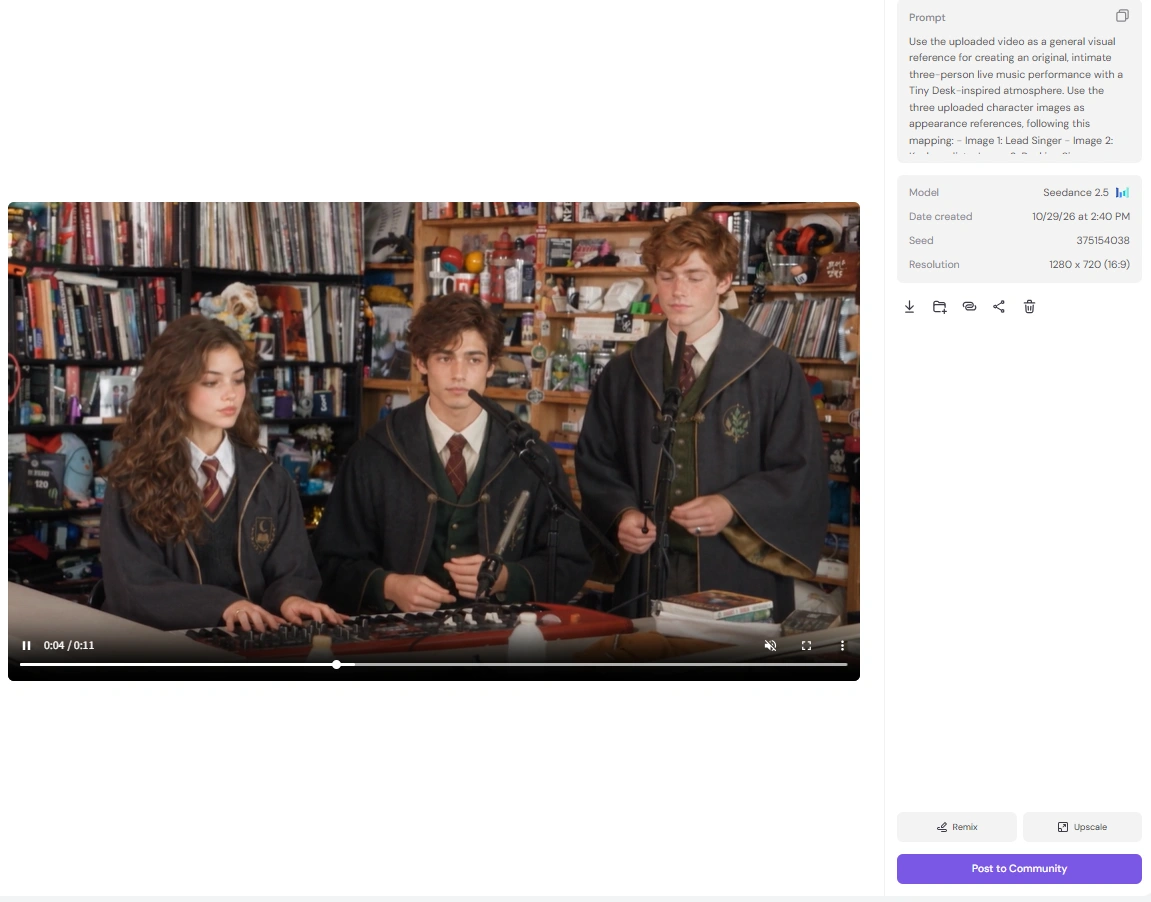 AI-generated video of three wizard students performing a Tiny Desk-style concert.