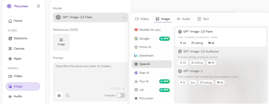 Piclumen AI studio interface showing GPT-Image-2.5 Flare model selection.