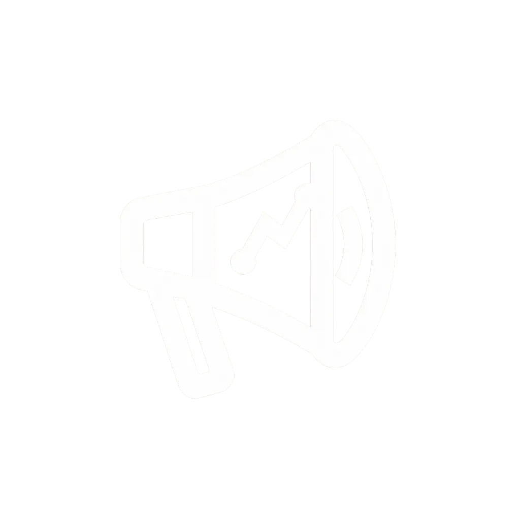 White flat design megaphone and chart glyph centered on transparent background