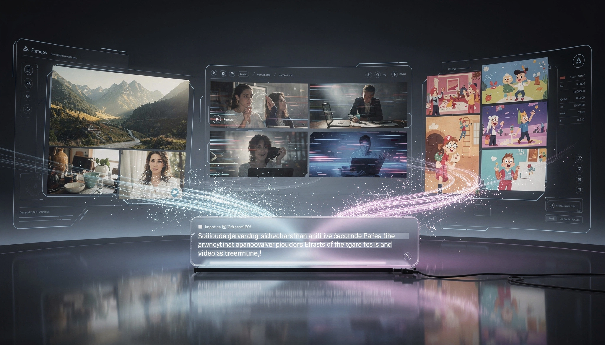 Futuristic AI interface showing a text prompt transforming into vibrant AI-generated images and video clips